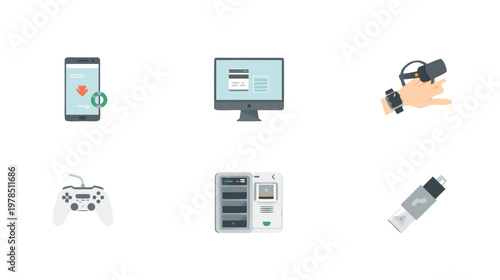 Digital World Essentials: An array of contemporary tech gadgets, from a sleek smartphone and versatile computer, to immersive virtual reality.