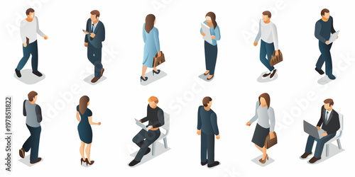 Isometric illustration of diverse professionals in business attire walking and working