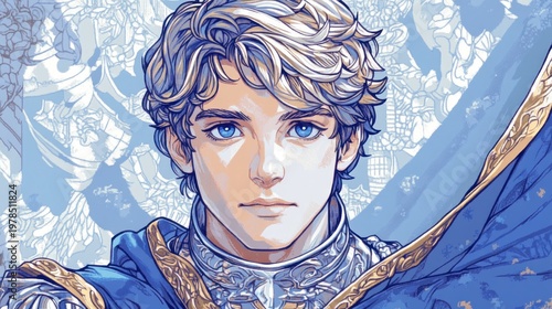 Digital portrait of a young, fair-haired person with piercing blue eyes, wearing elegant attire