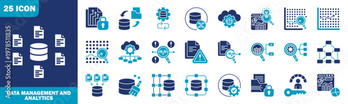 data management and analytics icon set collection in glyph duotone style. icon set consist of data encryption, data backup, data recovery, nosql, api, insight, correlation, regression icon.