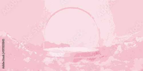 A minimalist pink stage or platform with a curved backdrop