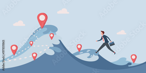 Business professional running along a path marked with location pins