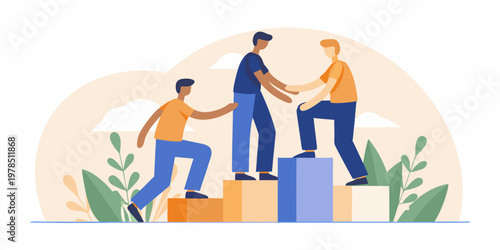 Teamwork and support people helping each other climb steps together