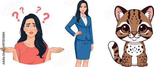 Confused woman, businesswoman and cute leopard cat vector set featuring emotions, professional character and cartoon animal illustration