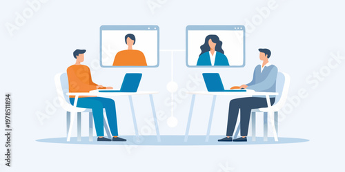 Two people having a virtual meeting with colleagues on laptops