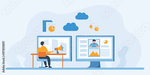 Man conducting a video interview or presentation using computer technology