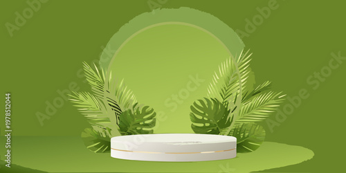 Minimalist product display with tropical leaves and a circular platform