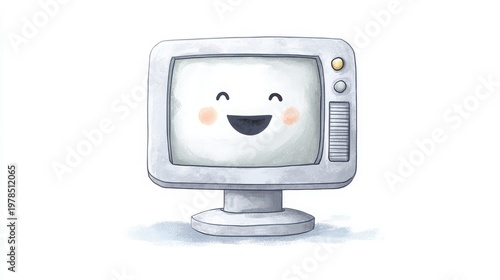 Cute Cartoon Computer with Smiling Face in Soft Color Illustration