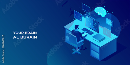 A person works at a desk with holographic displays and a brain visualization