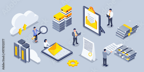 Isometric illustration depicting digital data management and cloud computing concepts