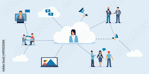 Visualizing interconnected communication and networking concepts with digital elements