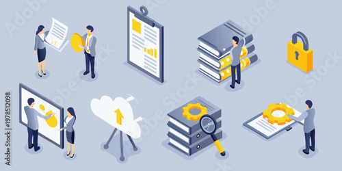 Isometric illustration depicting data analysis security and collaborative work