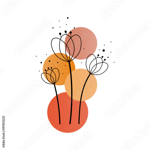 Vector floral pattern with bright details on white background, illustration, decor. Drawing for decorating the cover, sticker, flowers on the background of multi-colored circles with a white