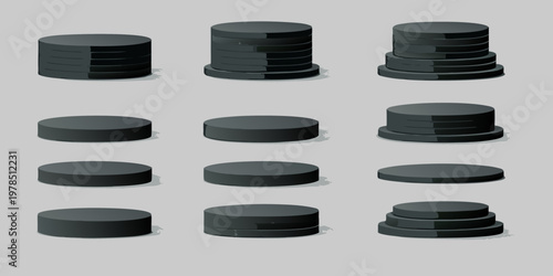 A collection of black cylindrical pedestals and platforms in varying heights