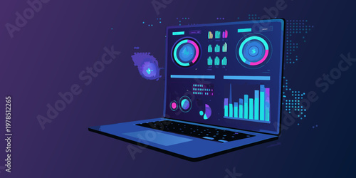 Laptop displaying complex data visualizations with futuristic interface elements