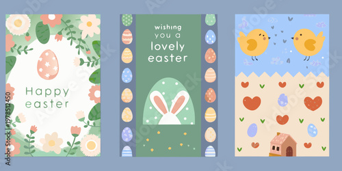 A set of three colorful easter greeting card illustrations