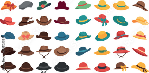 Hat Icon Set Featuring Various Styles and Colors of Fashionable Hats for Web and App Use