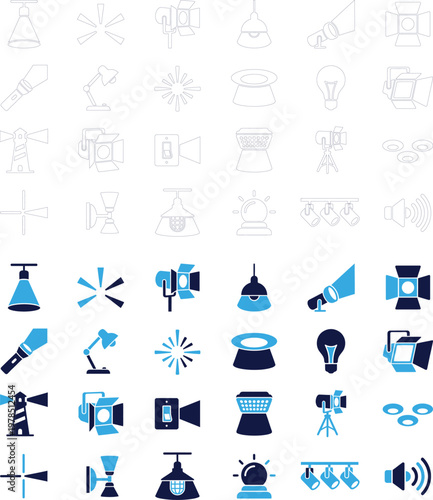 Lighting and illumination icons including spotlights lamps and light bulbs in blue.