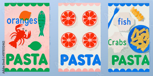Colorful food illustrations oranges fish pasta and seafood displayed vertically