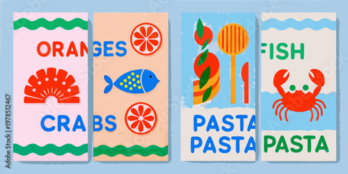 Colorful illustrated panels depicting oranges fish crabs and pasta