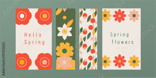 Colorful floral banners with spring greetings and botanical illustrations