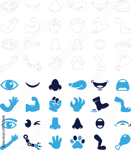 Collection of human body parts icons for character design and animation projects.