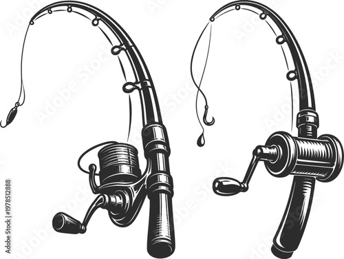 Fishing Rod with Reel Curved Line Vintage Line Art Illustration.
