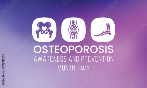 National Osteoporosis awareness and prevention month observed each year in May. it causes bones to become weak and brittle that a fall or coughing can cause a fracture. Vector illustration.