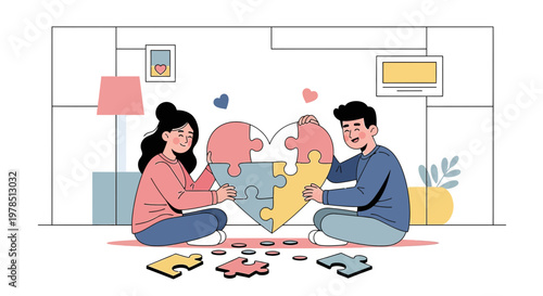 Couple assembling a heart puzzle, symbolizing unity, love, and relationship building.