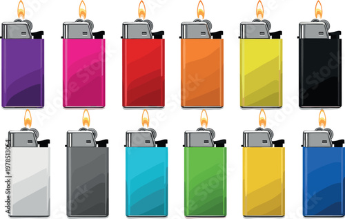 Disposable lighter vector set featuring colorful cigarette lighters with flame in various colors isolated smoking accessory illustration collection
