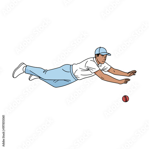 Cricket fielder diving to stop ball, horizontal motion, isolated vector on white