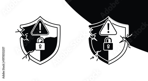 A broken shield icon with an exclamation point and padlock symbolizes security breaches and potential risks