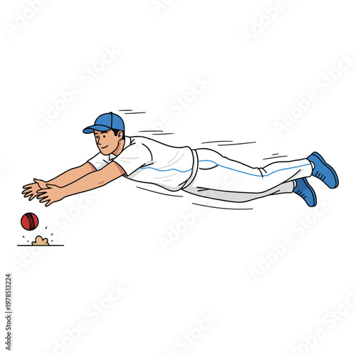 Cricket fielder diving to stop ball, horizontal motion, isolated vector on white