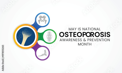 National Osteoporosis awareness and prevention month observed each year in May. it causes bones to become weak and brittle that a fall or coughing can cause a fracture. Vector illustration.