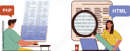 Developers collaborating on php and html code for web development