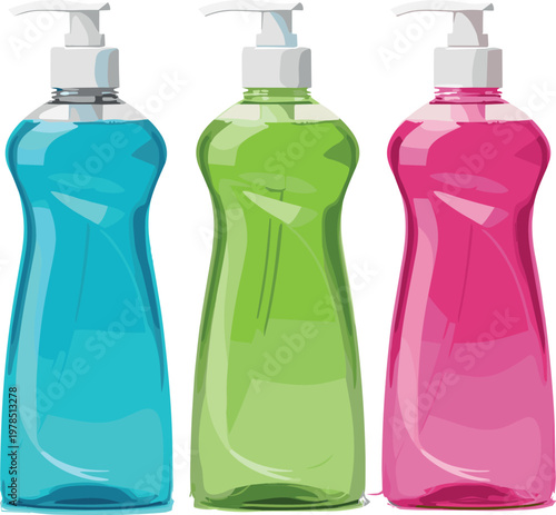Dishwashing liquid bottles vector set featuring colorful plastic detergent containers with pump dispensers isolated cleaning product illustration