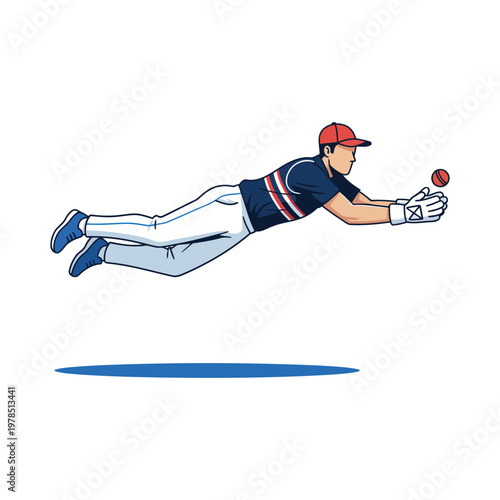 Cricket Fielder Diving to Stop Ball Horizontal Action Vector