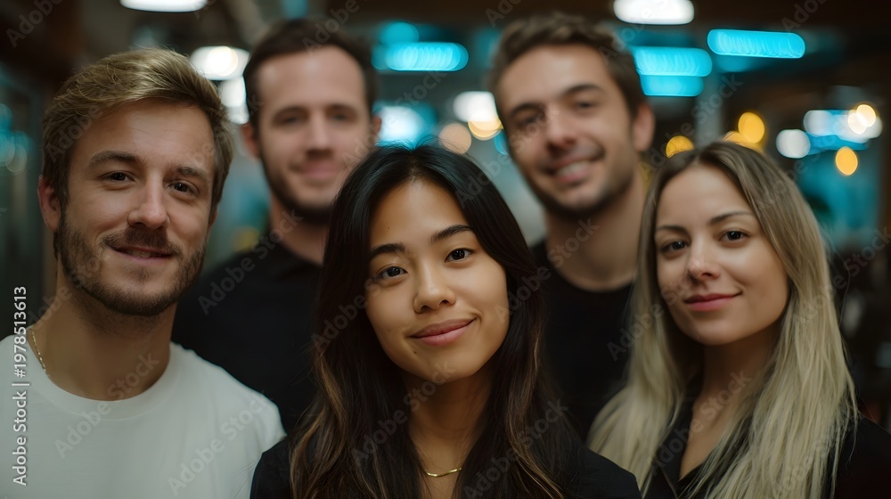 Fototapeta premium A diverse group of young professionals posing together in a warmly lit modern workspace environment