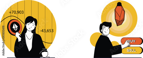A trader discusses stock market gains and losses with a colleague