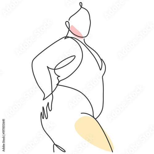 One continuous line art of Size Model Fat Woman Black Bodysuit Portrait Brunette Touching Butt