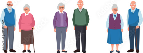 Illustration of Elderly Couples in Different Poses and Clothing, Vector Art for Senior Living, Family, and Aging Gracefully Designs