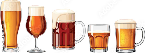 Illustration of Various Beer Glasses in Different Styles and Sizes with Foam