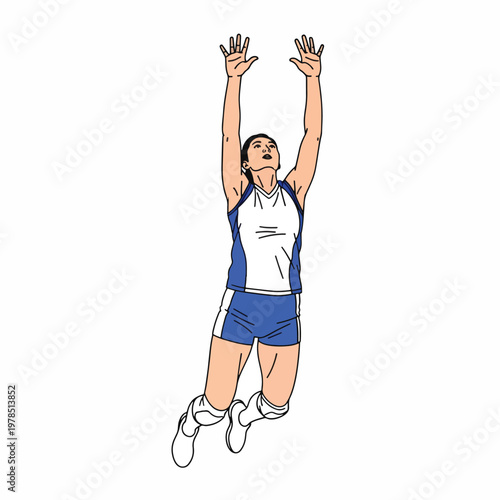 Illustration of a volleyball player in mid-air, jumping to spike the ball with arms outstretched, wearing a white and blue uniform against a plain white background.