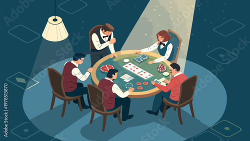 Isometric illustration of friends playing poker at a casino table with chips and cards
