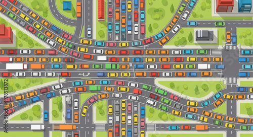 Busy City Traffic Jam Aerial View.