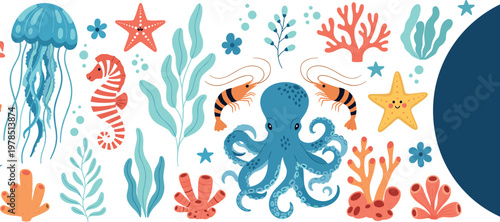 Colorful marine life vector collection featuring octopus, jellyfish, seahorse, shrimp, coral reef elements and underwater plants illustration set