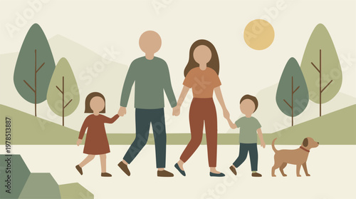 Minimalist illustration of a happy family walking with their dog in nature