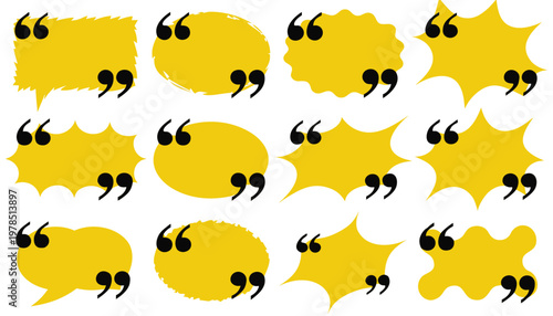 twelve yellow speech bubbles arranged in a neat grid. Each bubble has a different shape rectangles, ovals, starbursts, and irregular forms with black quotation marks placed at the corners.
