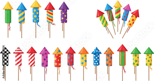 Colorful fireworks rockets set isolated on white background, festive celebration pyrotechnics collection for holiday, party and festival vector illustration