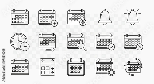 Illustrations of various calendar and clock icons are displayed